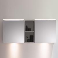 BurgBad Badu Зеркальный шкаф 1500х310х665 мм, 2 светильника,2 выкл, 2 зерк двери, стойка с 1 полкой, стекл полки, цвет корпуса K0521 лен серый.