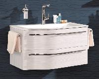 Puris Swing 90 см правый: зеркало с подсветкой, тумба (2 ящика) и белая раковина из мин литья, цвет мебели белый глянцевый