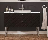 Puris Diamond line 120 см: тумба, белая столешница из кварца, ножки и белая накладная раковина из мин литья, цвет мебели черный лак
