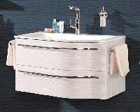 Puris Swing 90 см левый: зеркало с подсветкой, тумба (2 ящика), пенал 30 см правый (1 дверь, 3 ящика) и белая раковина из мин литья, цвет мебели белый