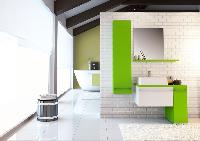 Oristo, Elle 88,5 см: зеркало, полка, тумба с бельевой корзиной, кер. раковина, цвет зеленый глянец