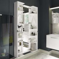 BURGBAD SYS30 Шкаф 400х335х1760 мм, подвес, 1 LED 4000K IP24, 2 створки с полками, держ фена, зеркало, 2 розетка внутри, ручки хром, цв белый матовый