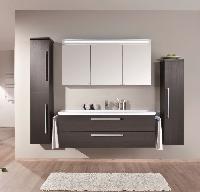 Puris Star line 140 см: зерк. шкаф с верхней и нижней Led подсветкой, тумба, Led подсветка и белая рак из мин литья на 2 отверстия, цвет мебели черный