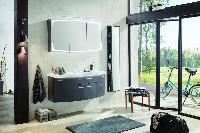 Puris Classic line 120 см: зеркальный шкаф с верхней и нижней Led подсветкой, тумба и белая раковина из мин литья c Led подсветкой, цвет мебели дуб ча