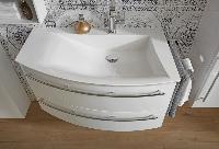 Puris Crescendo 90 см левый: зеркальный шкаф с Led подсветкой, тумба (2 ящика) и белая раковина из мин литья, цвет мебели антрацит глянцевый