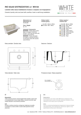 White Ceramic Rio, постирочная/хозяйственная раковина 50х40хh26 см, с отверстием под смеситель, цвет белый глянцевый 