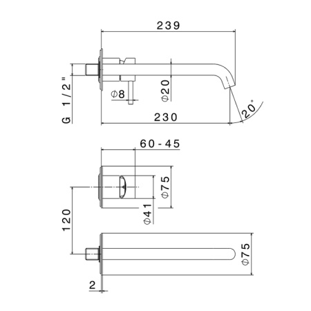 Newform X-Steel 316 Смеситель для раковины настенный, без донного клапана, излив 239мм, наружная часть, (для 27852) цвет: PVD Brushed pale gold 