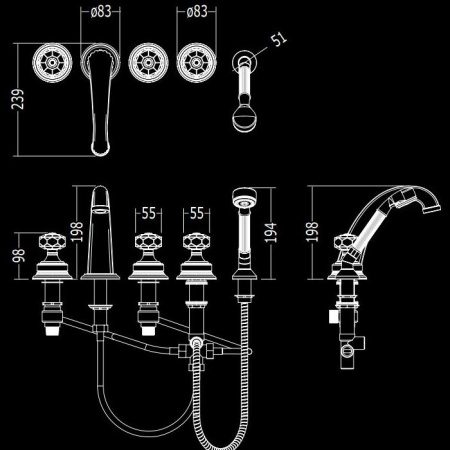 Devon&Devon Excelsior King Смеситель для установки на борт ванны с 5 отверстиями, переключателем и душем. Цвет: блестящий никель. 