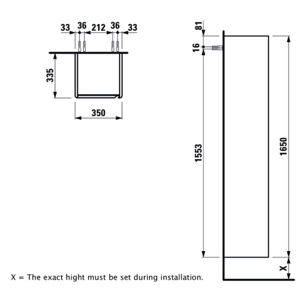 Laufen Base FOR INO высокий шкаф 350x330x1650 мм, 1 дверца, ручки из анодированного алюминия, петли слева, 1 фиксированная полка и 4 стеклянных, светл 