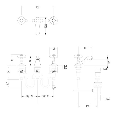 Devon Coventry Смеситель для биде на 3 отв., с донным клапаном, излив 111 мм, цвет: светлое золото 