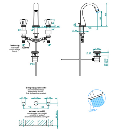 THG PETALE DE CRISTAL NOIR Смеситель для раковины на 3 отверстия, с донным клапаном, цвет полированное золото 