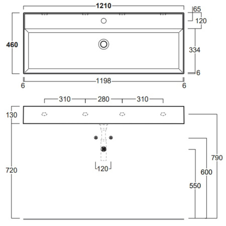 SIMAS AGILE Раковина подвесная 121х46 см, с переливом, с 1 отв под смеситель,цвет белый 