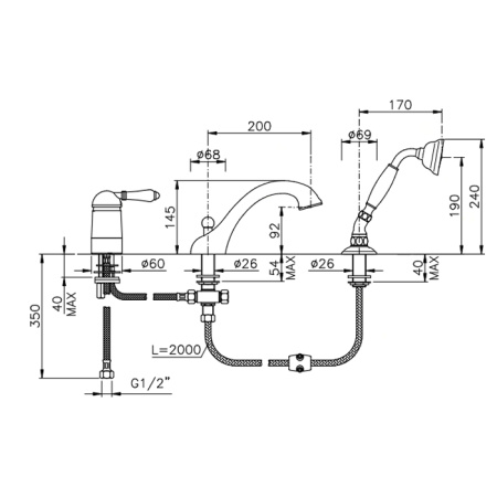 Nicolazzi El Capitan Смеситель на борт ванны на 3 отверстия, с изливом 200мм и ручным душем, цвет: Bronze Plated 
