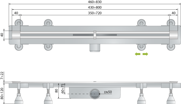 Дренажный канал 120 см, подрезаемый, гидрозатвор, ABS, горизонтальный выход OMP Tea Sumisura 983.401.8.N, оружейная сталь 