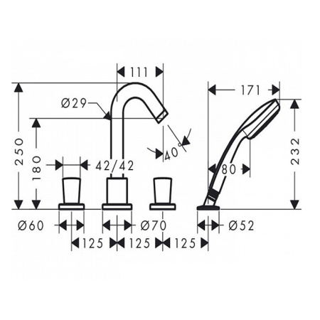HG Logis Смеситель на борт ванны, на 4 отв, излив 125мм, с ручным душем 1jet, цвет: хром 