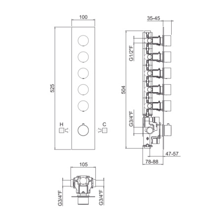 Carimali ILTONDO Внешняя часть вертикальная для термостатического смесителя с 5-ю независимыми выходами, цвет хром 