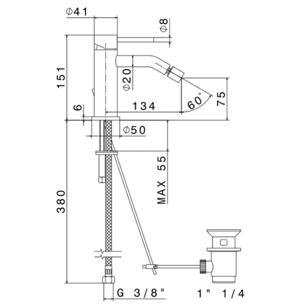 Newform X-Steel 316 Смеситель для биде на 1 отверстие с донным клапаном, излив 134мм, цвет: нержавеющая сталь 