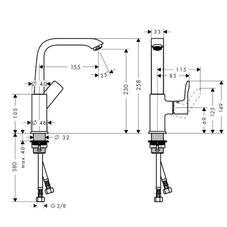 HG Metris Смеситель для раковины  с клапаном Push-Open, на 1 отв., поворотный излив 155мм, h230мм, цвет: хром 