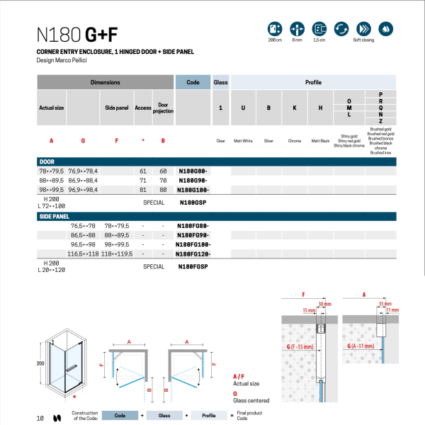 Душевое ограждение 90 см (88-89,5x200) Novellini N180 N180G90-1Z+N180FG90-1Z, профиль Brushed Inox, стекло прозрачное CrystalClear 
