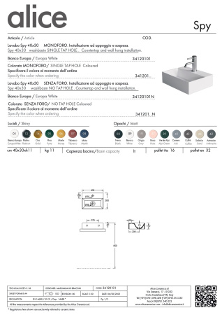 Alice Spy, подвесная прямоугольная раковина 40x30x11h см c крепежом fix01, цвет белый глянцевый 