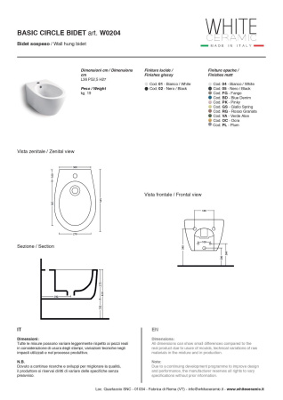 White Ceramic Basic, подвесное биде c крепежом, 50x36x26h см, цвет белый глянцевый 
