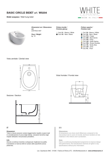 White Ceramic Basic, подвесное биде c крепежом, 50x36x26h см, цвет белый глянцевый 