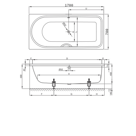 BETTE Ocean Ванна с шумоизоляцией 170х70x45см, сторона ног справа, перелив сзади.с самоочищающимся покрытием BetteGlasur ® Plus, цвет белый 