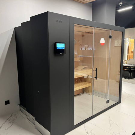 KLAFS S1 Сауна раздвижная 2320х1600(600)хh2110 мм, размер L с прозрачным стеклом, вн. отд. хемлок, Varius 6,0 кВт, внешняя отделка: чёрный матовый 