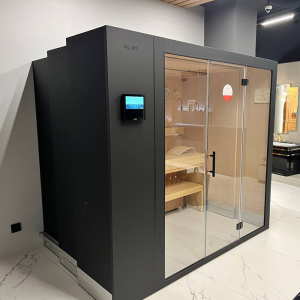 KLAFS S1 Сауна раздвижная 2320х1600(600)хh2110 мм, размер L с прозрачным стеклом, вн. отд. хемлок, Varius 6,0 кВт, внешняя отделка: чёрный матовый 