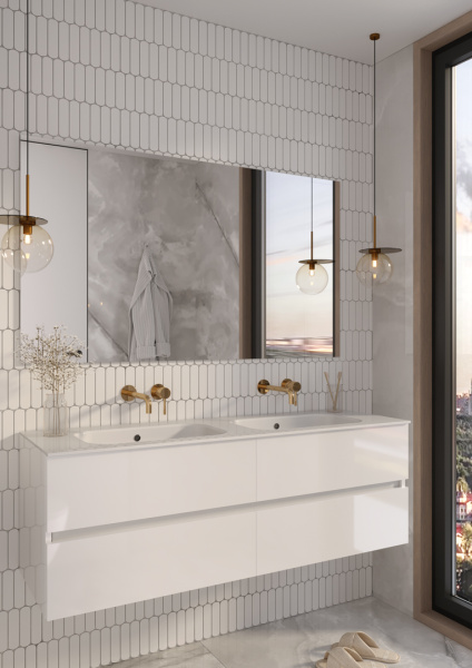 Тумба без раковины Vallessi 140*46cm  Белый глянец 4 полки 