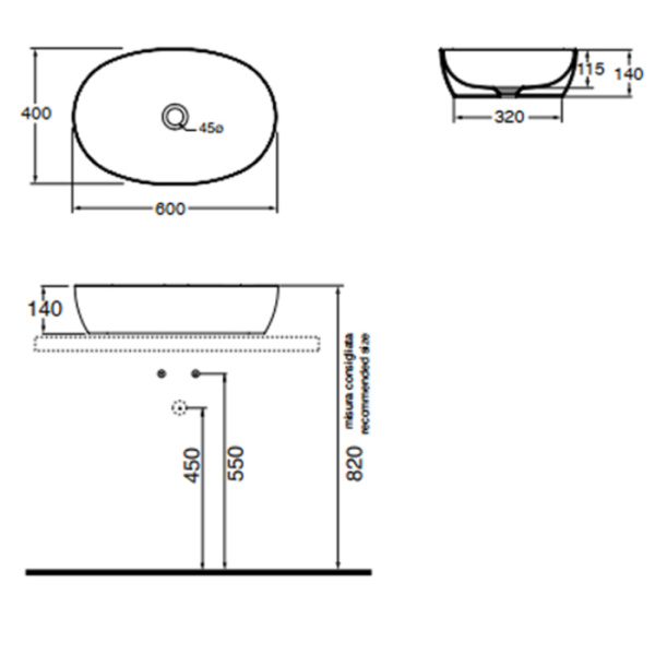 AZZURRA ELEGANCE CIRCLE раковина накладная 60х40х14см без отв. под смеситель , без перелива. цвет белый (цена по акции со склада!) 