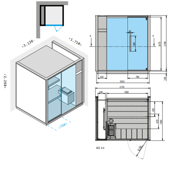 Effegibi One S Сауна уголовая L.H., SX, 214x171xh226см, отделка: Soft Sand 