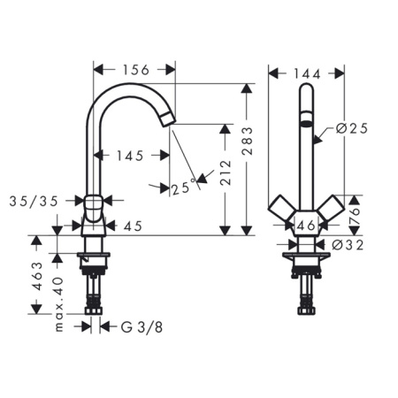 HG Logis Смеситель для кухни на 1 отв, поворотный излив 156мм, h212мм, с 2 ручками, цвет: хром 