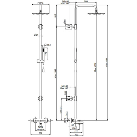 Fima Carlo Frattini Colonne doccia Душевая стойка, верхний душ 25х25см., с термостат смесителем, держателем и ручным душем, цвет: чёрный матовый 