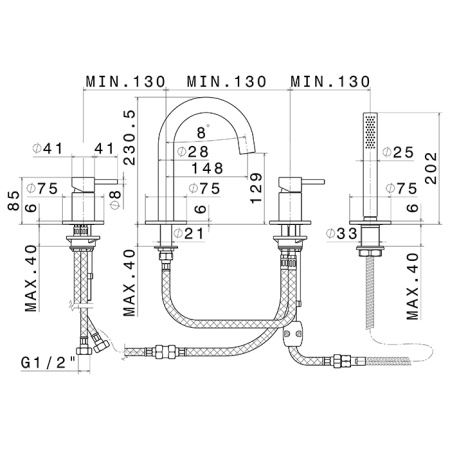 Newform X-Steel 316 Смеситель на борт ванны на 4 отверстия, с изливом, переключателем и ручным душем, цвет: PVD brushed copper bronze 