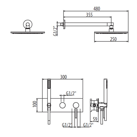 GATTONI CIRCLE ONE Комплект для ванны со смесителем двстроенным на 2 вых, ручной лейкой и верхним душем 250мм, цвет хром 