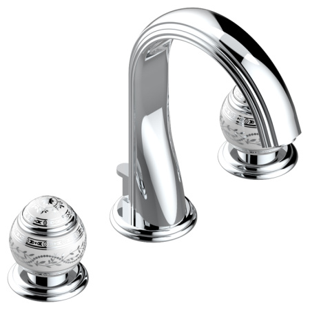 THG MARQUISE BLANC DECOR PLATINE Смеситель для раковины на 3 отверстия, с донным клапаном, ручки белые, декор платина, цвет хром 