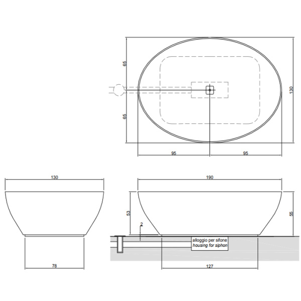 ANTONIO LUPI SOLIDEA Ванна отдельностоящая 1900х1300х550 мм., с нажимным донным клапаном, Marmo Carrara 