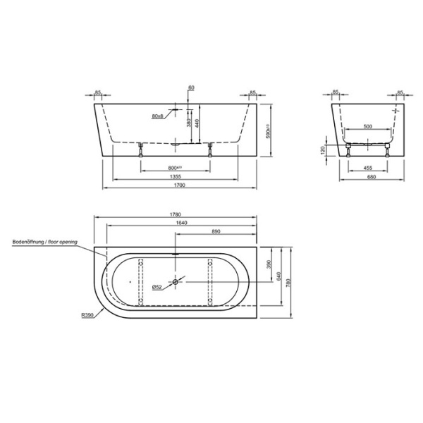 KNIEF Wall Corner L Ванна в правый угол, 180х80х60см, с щелев. переливом, сливной клапан хром, ванна цвет белый глянцевый 