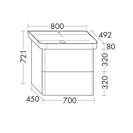 Burgbad Iveo База подвесная с керамическим умывальником с 1 отв под смес. 800х492х721 мм.2 выдв ящика, сифон в компл. F2835 дуб меринос 