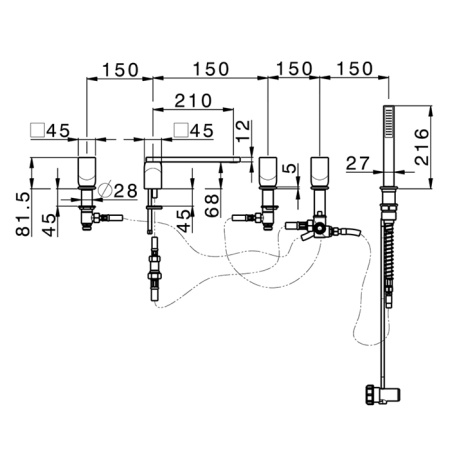 CISAL HI-RISE Смеситель для установки на борт ванны на 5 отверстий, двухвентильный, с изливом и ручным душем, цвет хром 