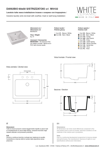 White Ceramic Danubio, постирочная/хозяйственная раковина 60x50x27h см, цвет белый глянцевый 