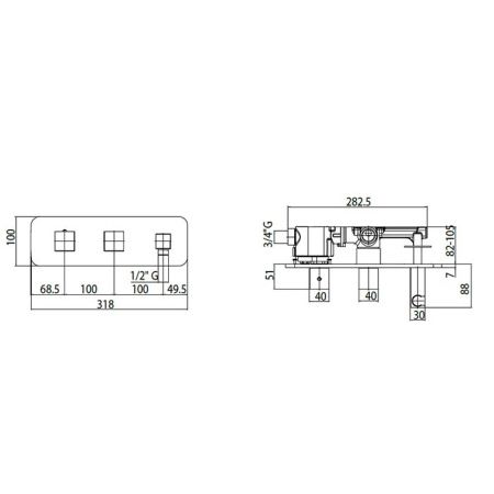 Bossini Cube Термостат для душа, встраиваемый, с девиатором на 2 выхода,  с держателем с водорозеткой, подключение на 3/4”, цвет: хром 