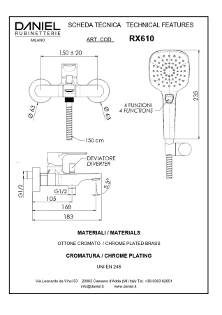 Daniel Reflex, однорычажный смеситель для ванны (излив 16,8 см), c набором для душа, цвет зачищенный никель 