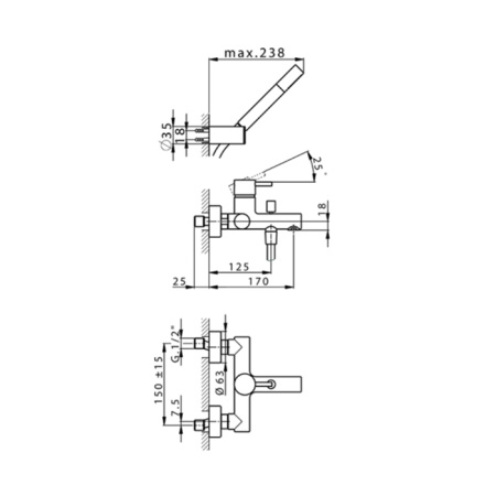 CISAL Slim Смеситель настенный  для ванны  с ручным душем, цвет хром 