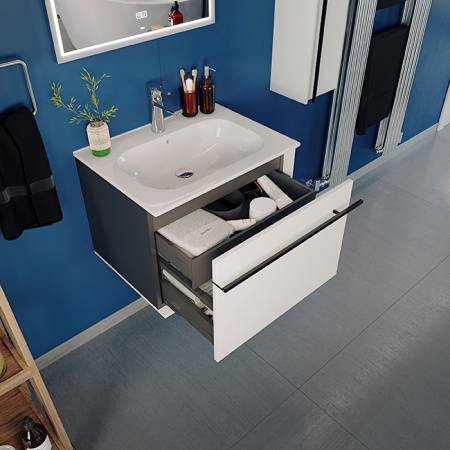 Roca ANETO Тумба подвесная 585x450x429 мм. для раковины 600 мм, с 2 ящиками(внешний и внутренний), белый глянец/черный матовый (7857429806) 