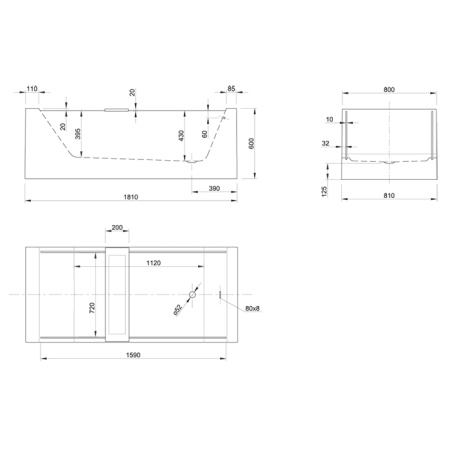 KNIEF Look Ванна отдельностоящая 180х80х60 см, с прозрачными бок стенками, с щелевым с-п,без слива-перел, цвет бел (продавать со с-п 0100-091-06S WG) 