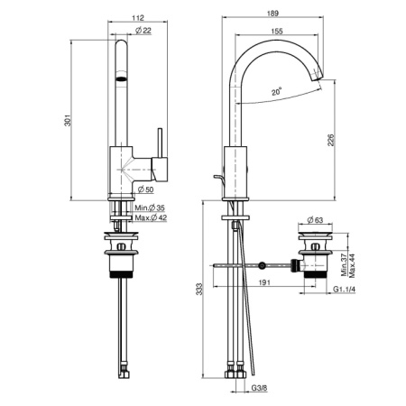 FIMA|Carlo Frattini Spillo Up Смеситель для раковины, вращающийся излив, без донного клапана, цвет черный хром 