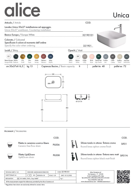 Alice Unica, накладная прямоугольная раковина с закругленными краями 50x37x16h см, цвет серый матовый 