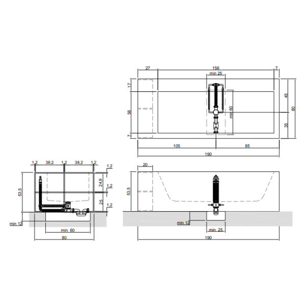 ANTONIO LUPI BIBLIO Ванна прямоугольная (2 стороны) 1900х800х535 мм., с нажимным донным клапаном, Corian, цвет белый 